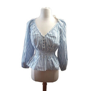 New J. Crew V-neck Smocked Waist Top Sz XS puff sleeve striped Reimagined Shirt